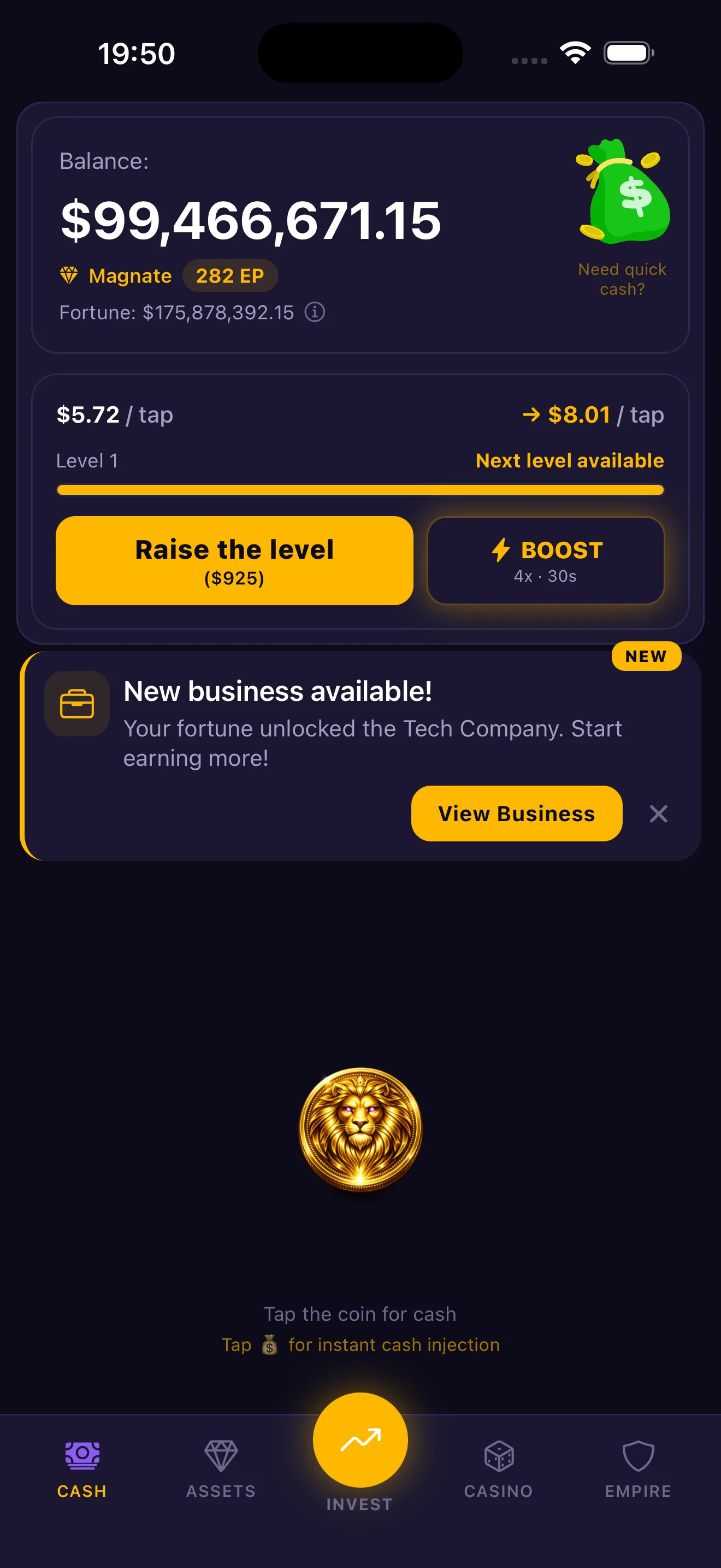 Mogul Empire — Cash screen