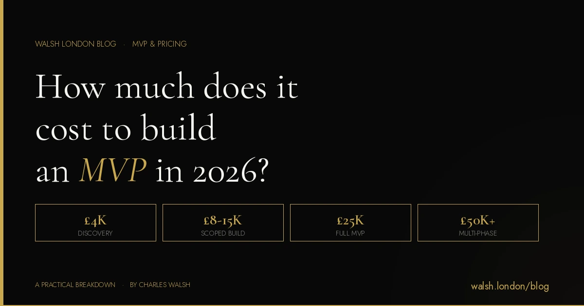How much does it cost to build an MVP in 2026. Price tiers: £4k Discovery, £8-15k Scoped Build, £25k Full MVP, £50k+ Multi-Phase